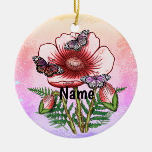 Butterfly Red Poppy  Ceramic Ornament