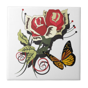 Butterfly red rose flowers nature art ceramic tile