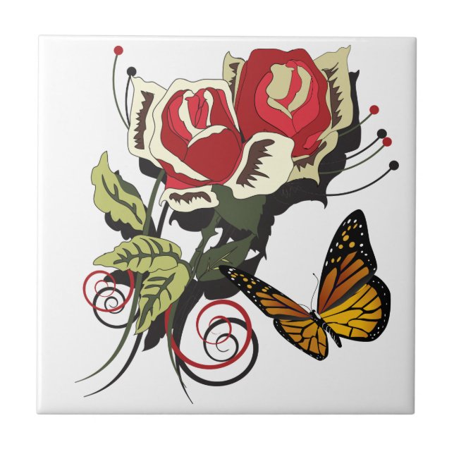 Butterfly red rose flowers nature art ceramic tile (Front)