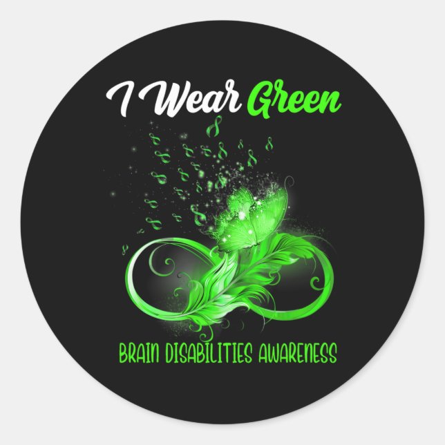 Butterfly Ribbon Feather Brain Disabilities Awaren Classic Round Sticker (Front)