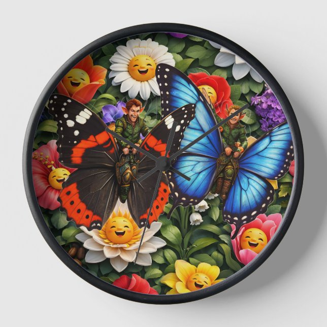 Butterfly riders and smiling garden wall clock (Front)