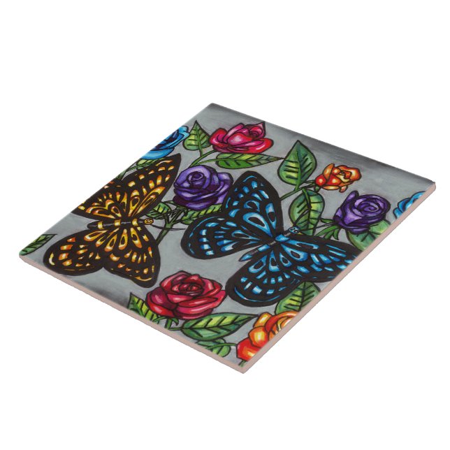 Butterfly rose flowers original nature drawing  ceramic tile (Side)
