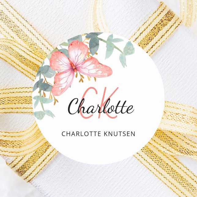 Butterfly rose gold peach greenery thank you classic round sticker (Creator Uploaded)