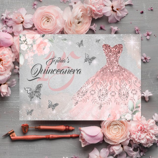 Butterfly Rose Gold Sparkle Dress Quinceanera Invitation (Creator Uploaded)