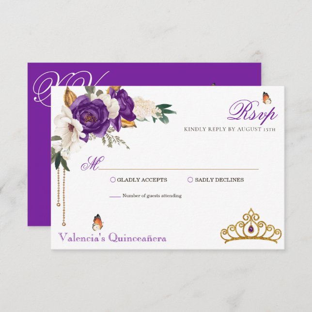 Butterfly Rose Royal Purple Gold Tiara Quinceanera RSVP Card (Front/Back)