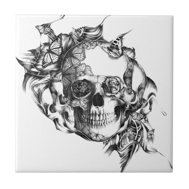 Butterfly Rose Skull from hand illustration Tile (Front)