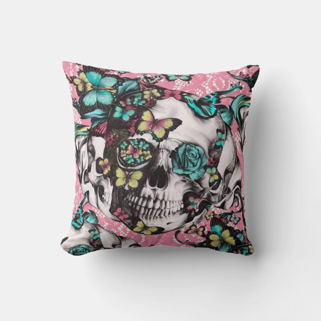 Butterfly rose skull on pink lace. cushion (Front)