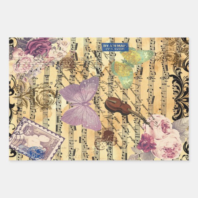 Butterfly, Roses and Notes Ephemera  Wrapping Paper Sheet (Front)