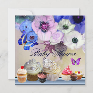 BUTTERFLY,ROSES,FLOWERS ,CUPCAKES Blue Baby Shower Invitation