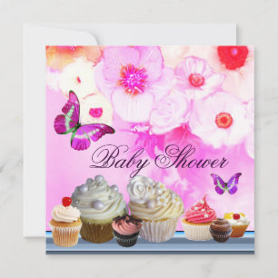 BUTTERFLY,ROSES,FLOWERS ,CUPCAKES Pink Baby Shower Invitation