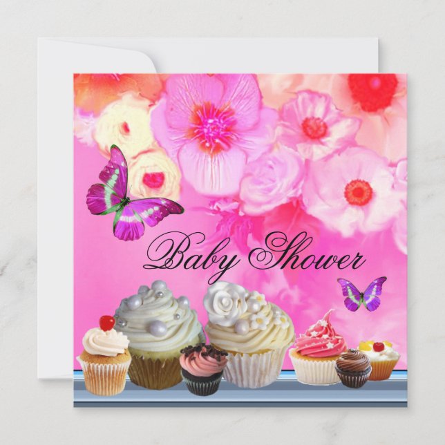 BUTTERFLY,ROSES,FLOWERS ,CUPCAKES Pink Baby Shower Invitation (Front)
