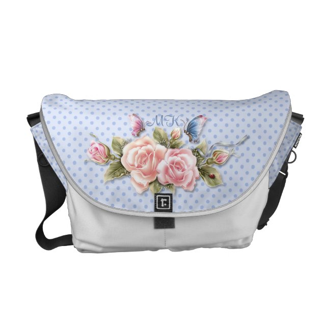 Butterfly Roses on Blue Dots with Monogram Courier Bag (Front)