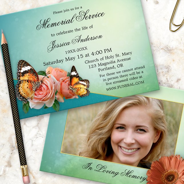 Butterfly Roses Photo Funeral Memorial Service Invitation (Creator Uploaded)