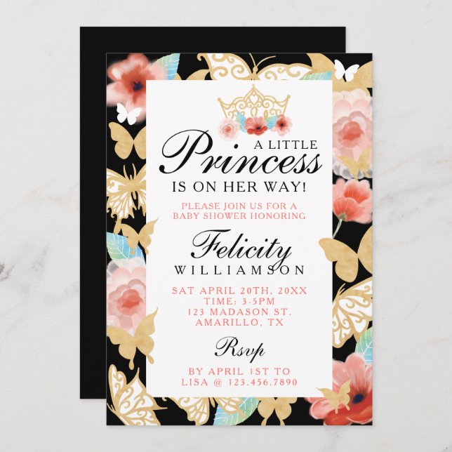 Butterfly Royal Floral Crown Black Gold Invitation (Front/Back)