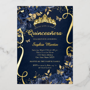 Butterfly Royal Navy Flower Gold Quinceanera