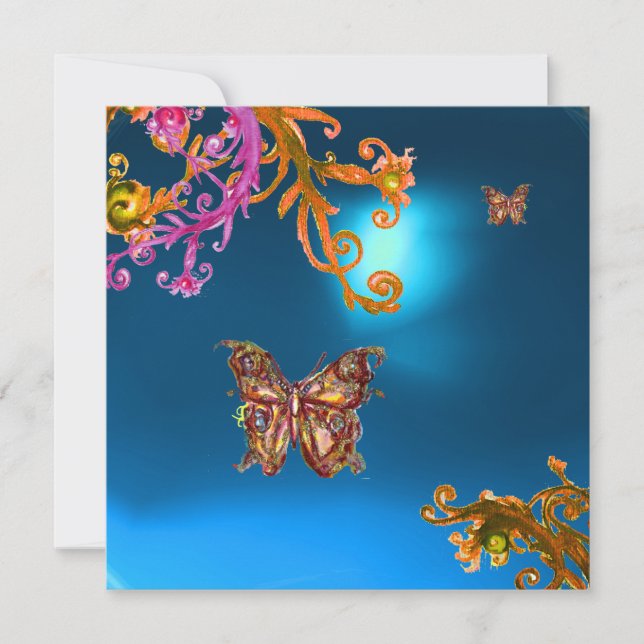 BUTTERFLY  SAPPHIRE BLUE, bright pink yellow brown Invitation (Front)