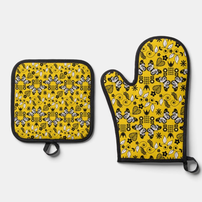 Butterfly Scandinavian folk art  Oven Mitt & Pot Holder Set (Front)