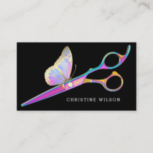 butterfly scissors on black hair stylist business card