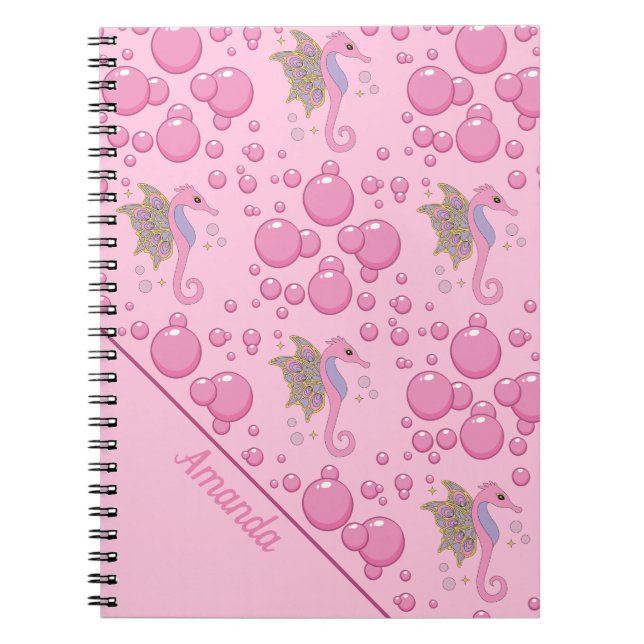 Butterfly Seahorse in Bubbles Custom Pink Notebook (Front)