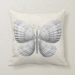 Butterfly Seashells  White Warm Neutral Cottage Cushion