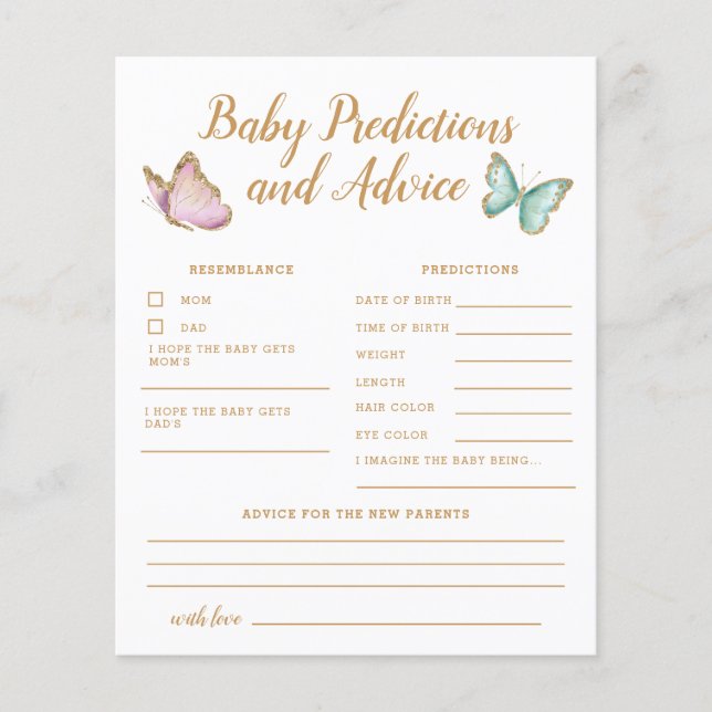 Butterfly Shower Baby Predictions and Advice Card (Front)