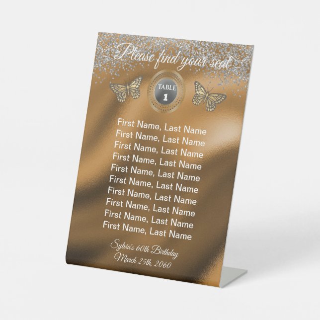 Butterfly & Silver Glitter Foil Table Number Sign  (Front)