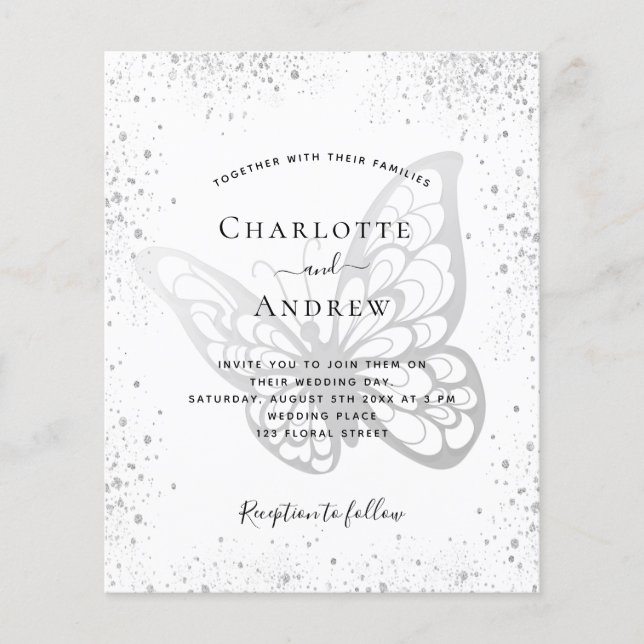 Butterfly silver grey glitter wedding budget flyer (Front)