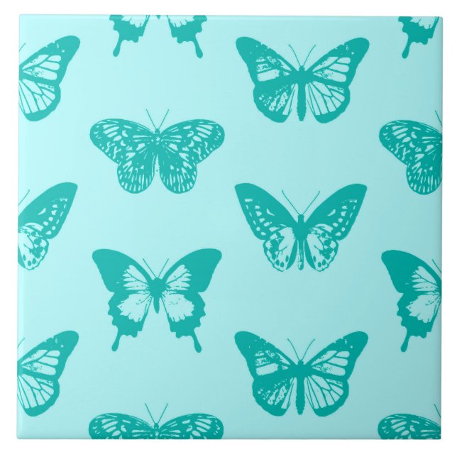 Butterfly sketch, aqua and turquoise ceramic tile (Front)