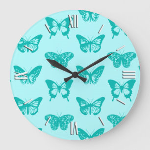 Butterfly sketch, aqua and turquoise large clock