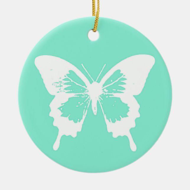 Butterfly sketch, aqua and white ceramic tree decoration (Front)