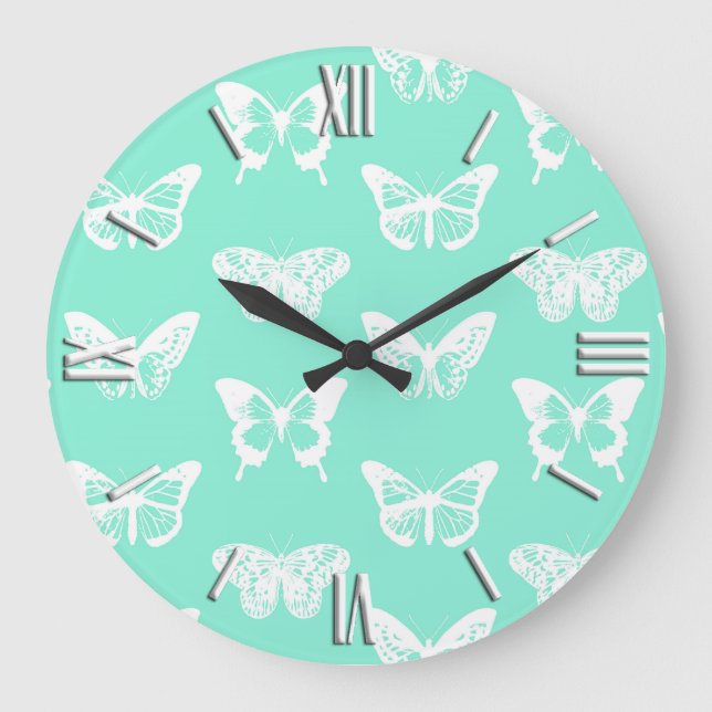 Butterfly sketch, aqua and white large clock (Front)