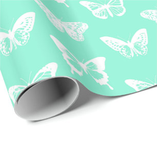 Butterfly sketch, aqua and white wrapping paper