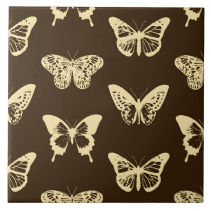 Butterfly sketch, beige on chocolate brown ceramic tile