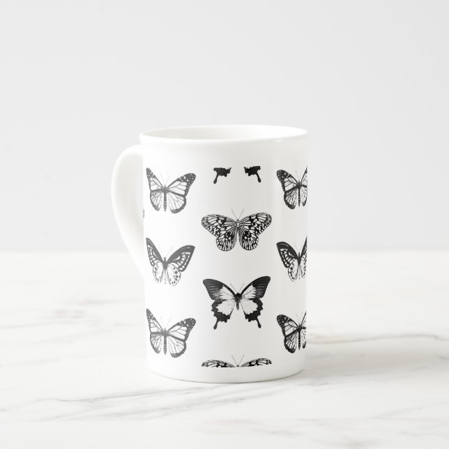 Butterfly sketch, black and white bone china mug (Front Left)