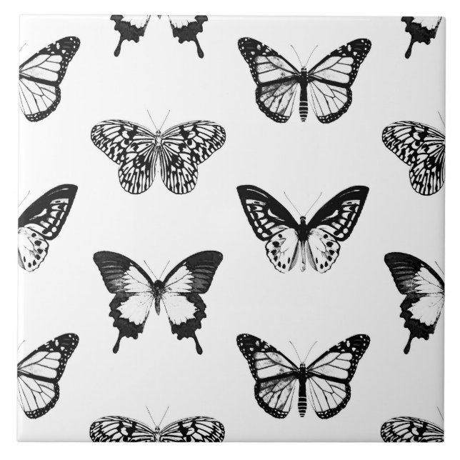 Butterfly sketch, black and white ceramic tile (Front)
