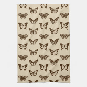 Butterfly Sketch, Chocolate Brown on Beige  Tea Towel