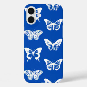 Butterfly sketch, cobalt blue and white iPhone 16 plus case