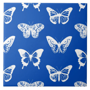 Butterfly sketch, cobalt blue and white ceramic tile