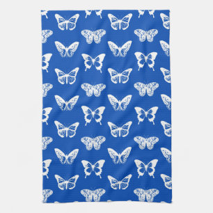 Butterfly sketch, cobalt blue and white tea towel