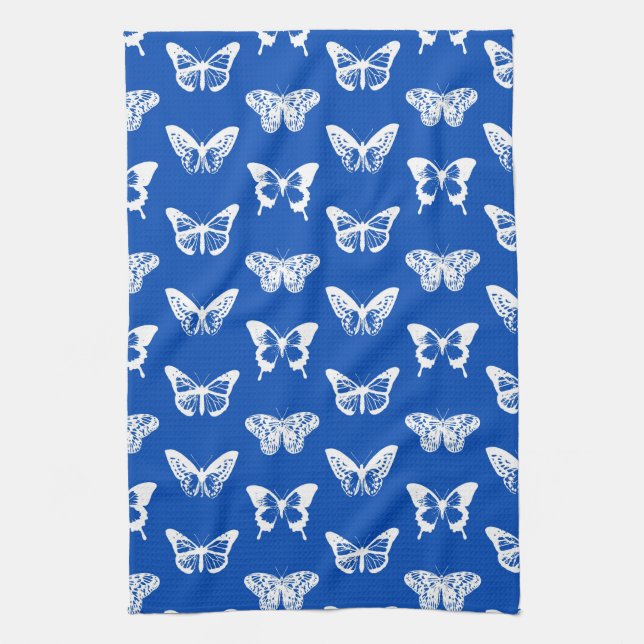 Butterfly sketch, cobalt blue and white tea towel (Vertical)