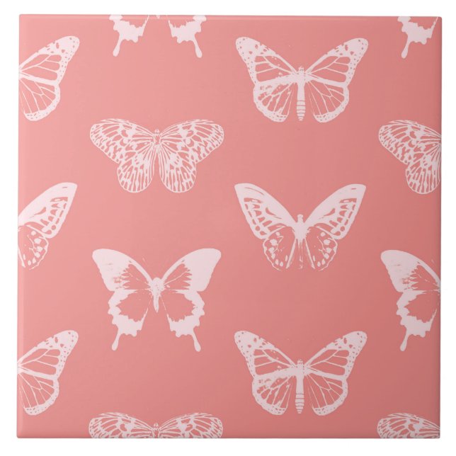 Butterfly sketch, coral pink ceramic tile (Front)