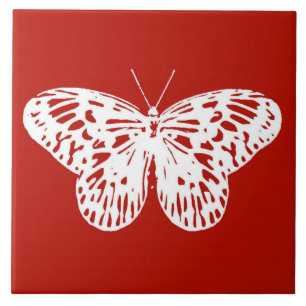 Butterfly sketch, deep red and white ceramic tile