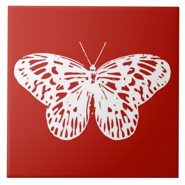 Butterfly sketch, deep red and white ceramic tile (Front)