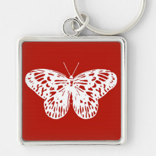 Butterfly sketch, deep red and white key ring