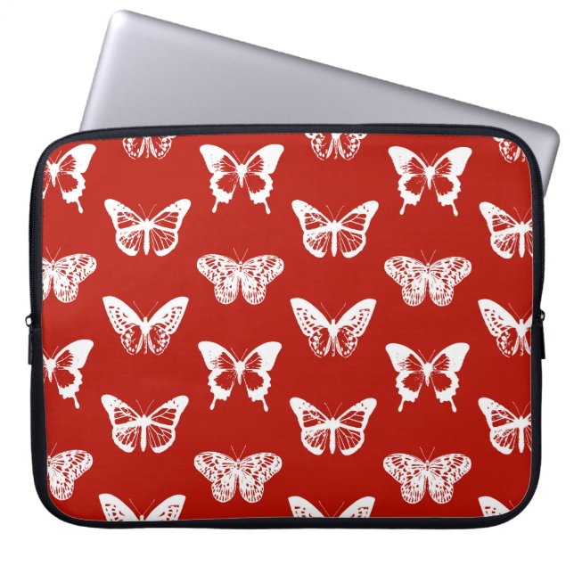 Butterfly sketch, deep red and white laptop sleeve (Front)