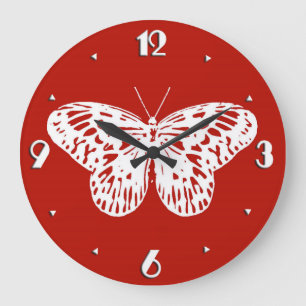 Butterfly sketch, deep red and white large clock