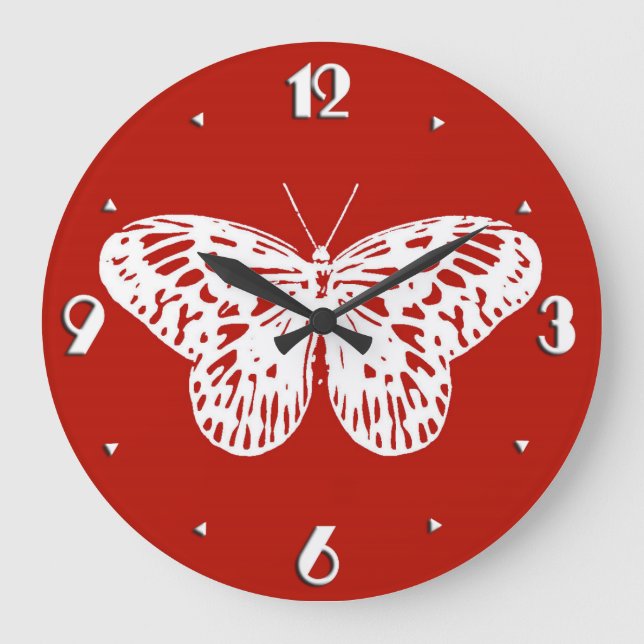 Butterfly sketch, deep red and white large clock (Front)