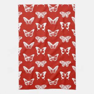 Butterfly sketch, deep red and white tea towel
