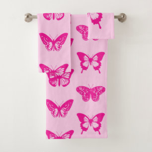 Butterfly sketch, light pink and fuchsia bath towel set