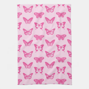 Butterfly sketch, light pink and fuchsia tea towel